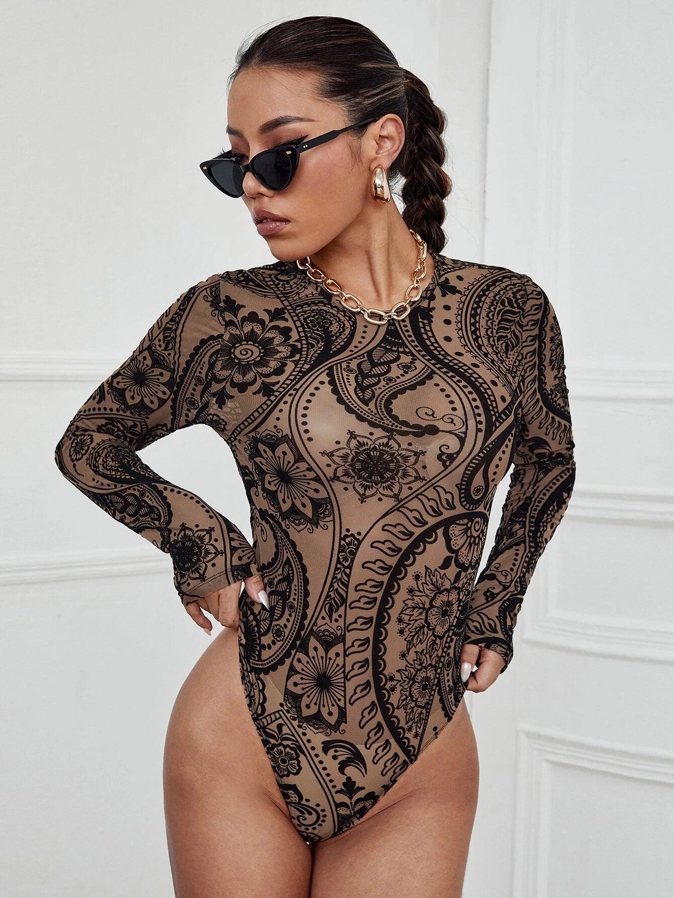 Floral Printed Round Neck Bodysuit-Comfy Jumpsuits