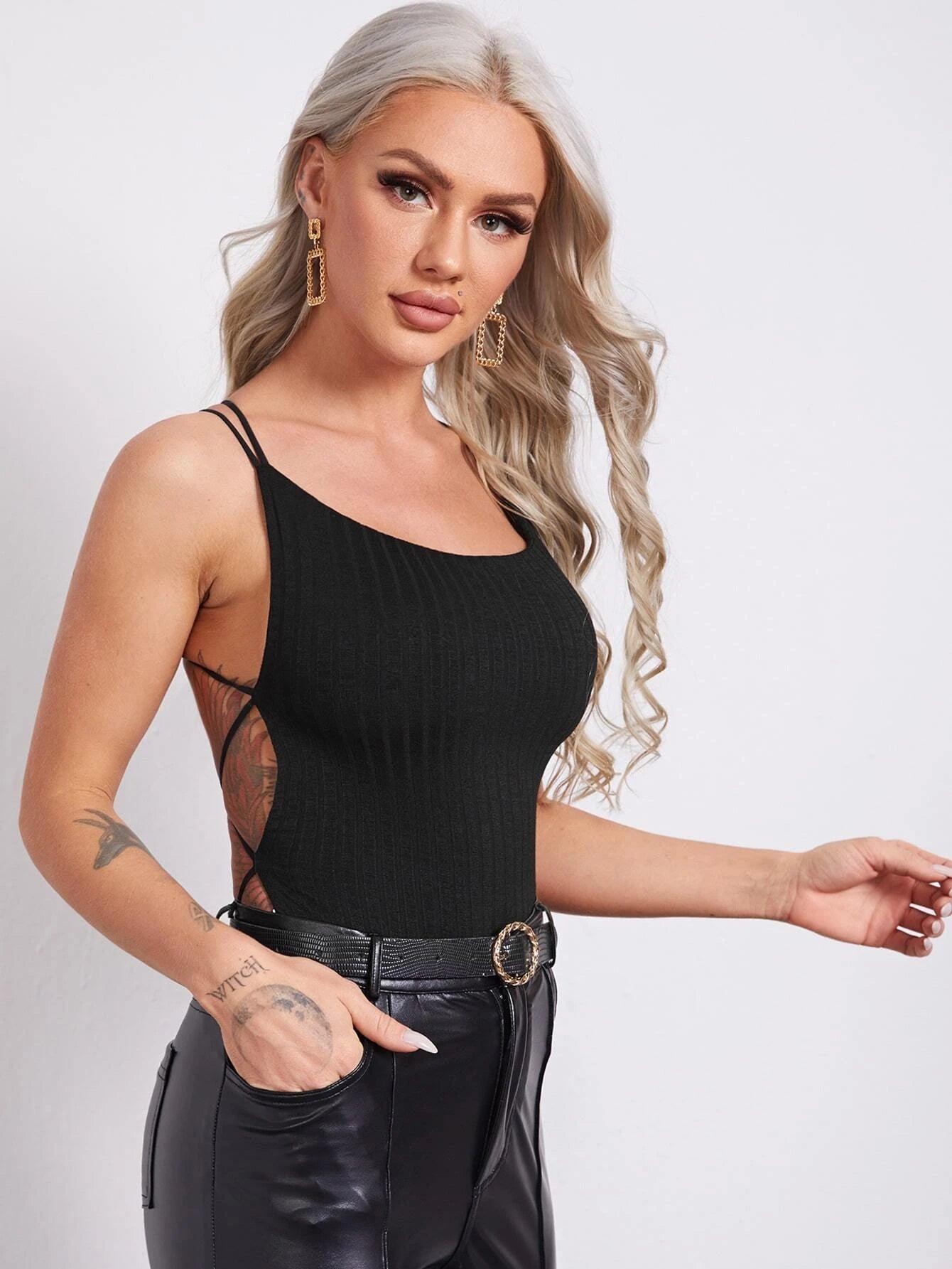 Criss Cross Backless Rib-knit Bodysuit-Comfy Jumpsuits