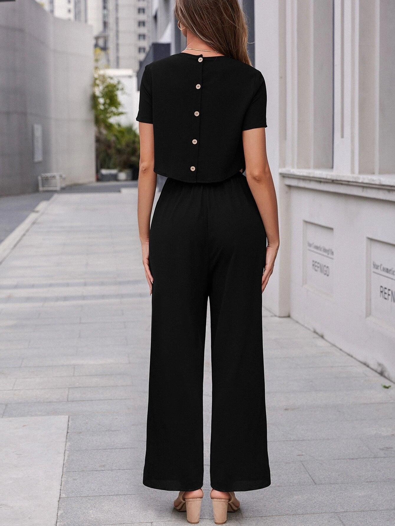 Buttoned Back Waist Solid Jumpsuit-Comfy Jumpsuits