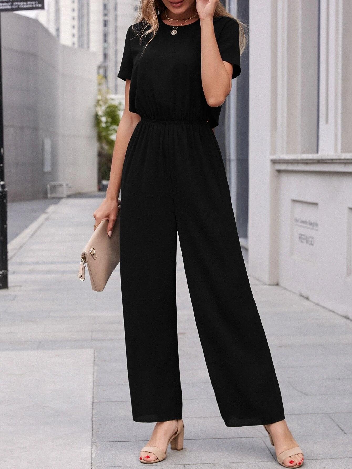 Buttoned Back Waist Solid Jumpsuit-Comfy Jumpsuits