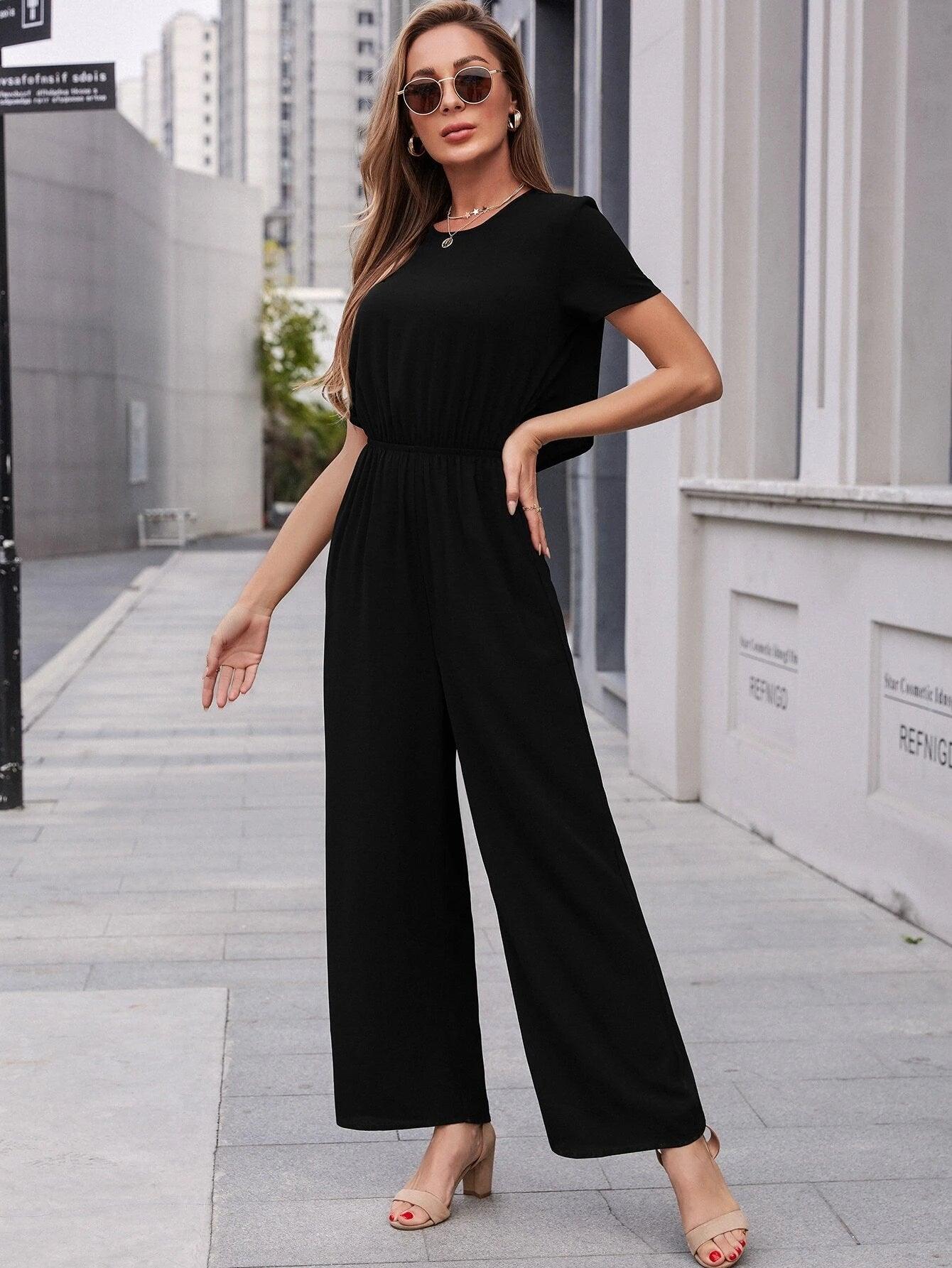 Buttoned Back Waist Solid Jumpsuit-Comfy Jumpsuits