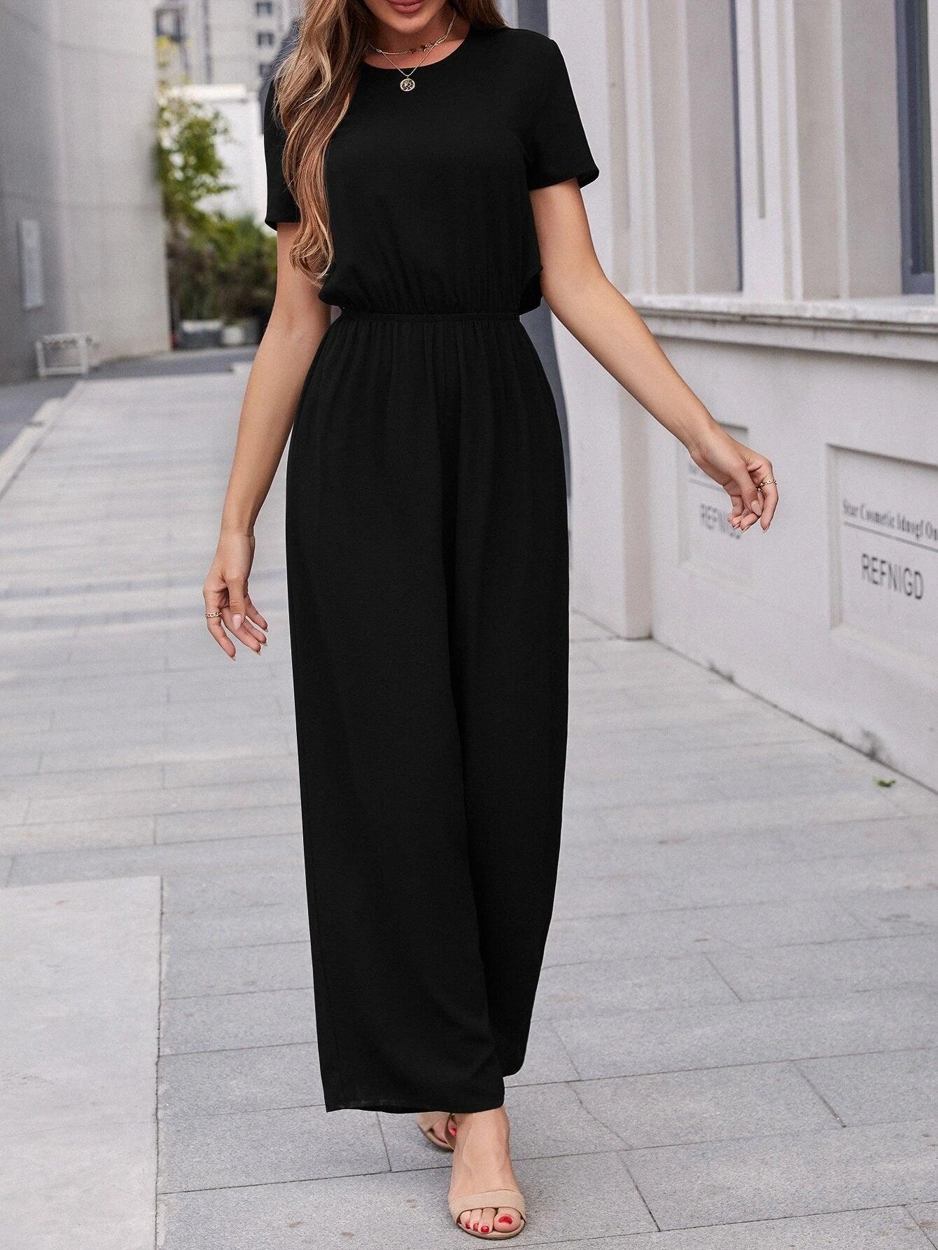 Buttoned Back Waist Solid Jumpsuit-Comfy Jumpsuits