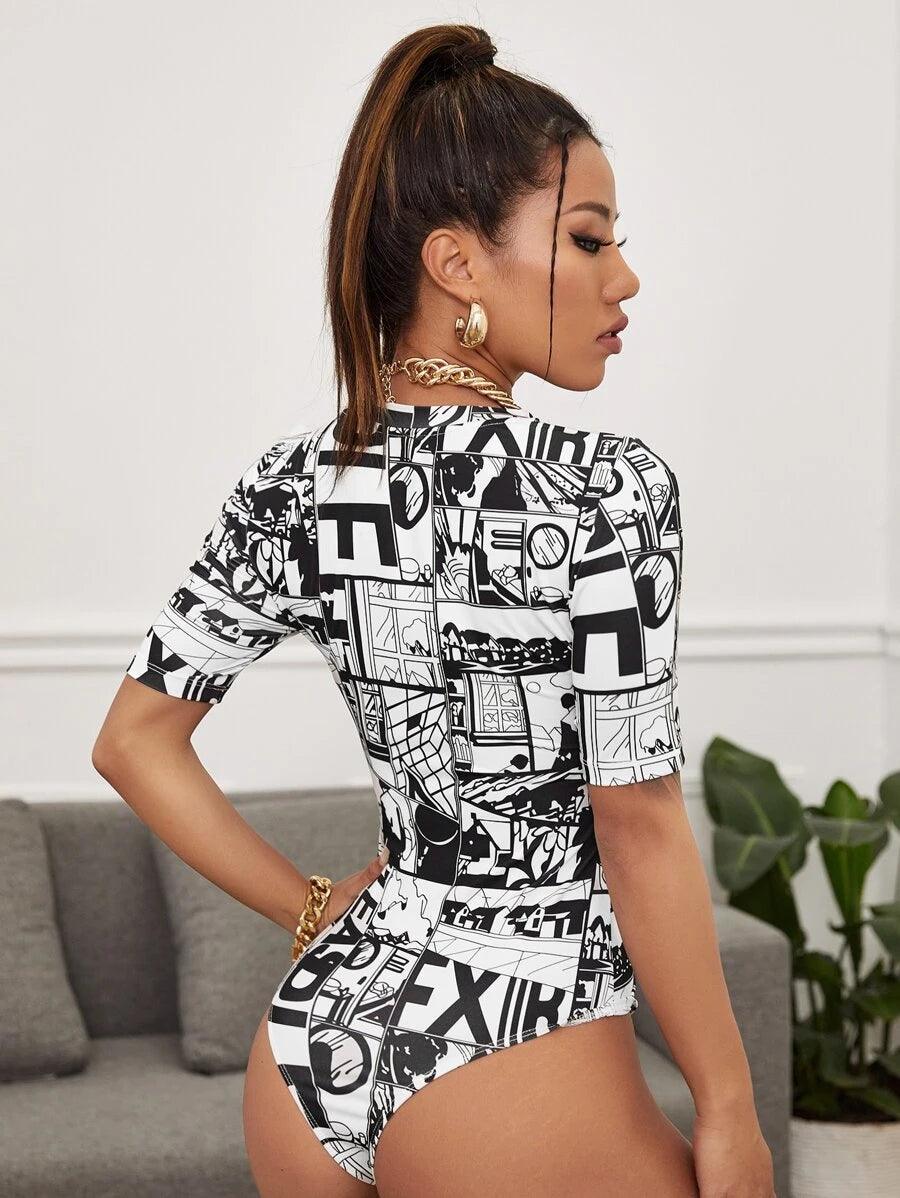 Pop Art Print Form Fitted Bodysuit-Comfy Jumpsuits