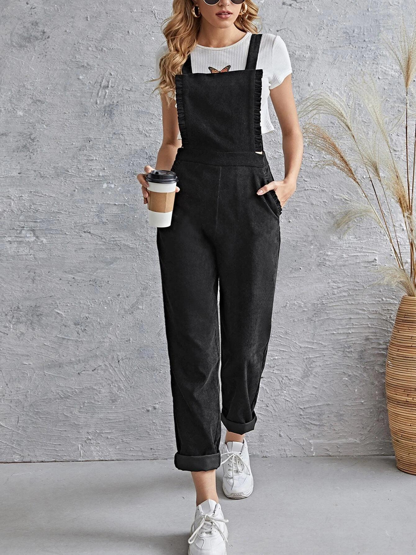 Sleeveless Pocket Front Cord Overalls-Comfy Jumpsuits
