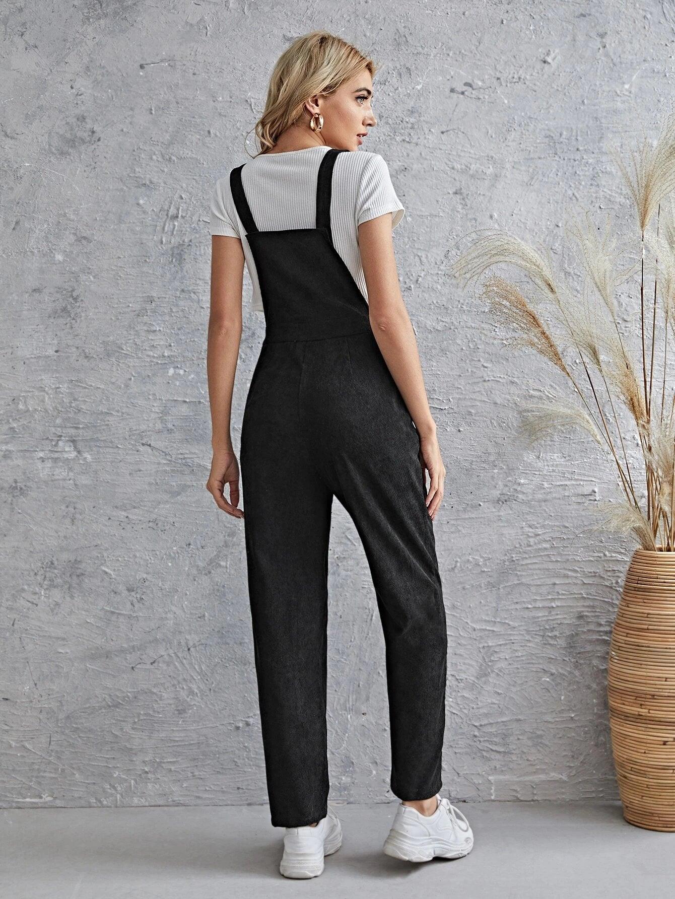 Sleeveless Pocket Front Cord Overalls-Comfy Jumpsuits