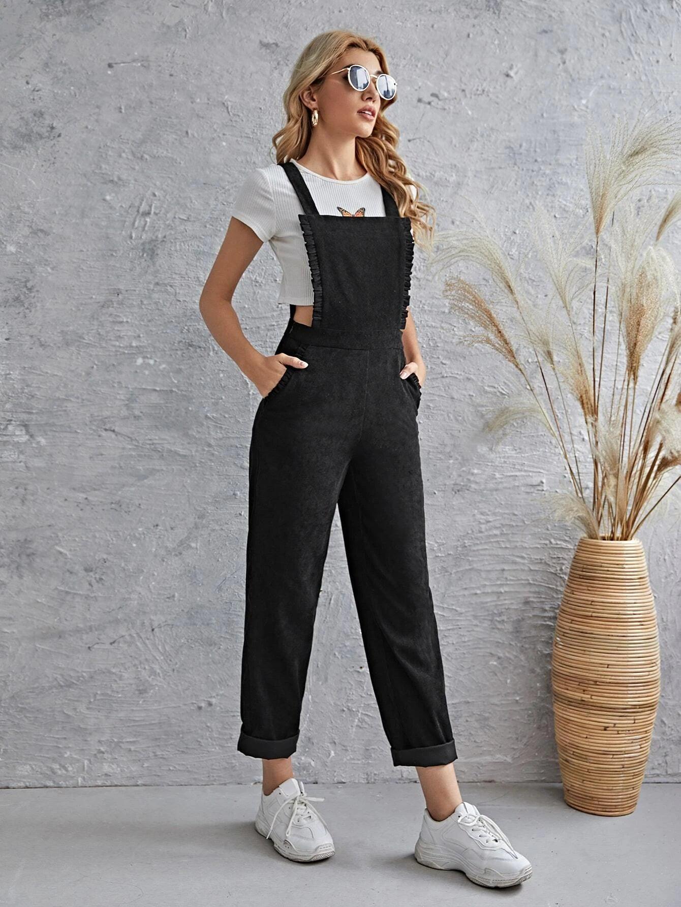 Sleeveless Pocket Front Cord Overalls-Comfy Jumpsuits
