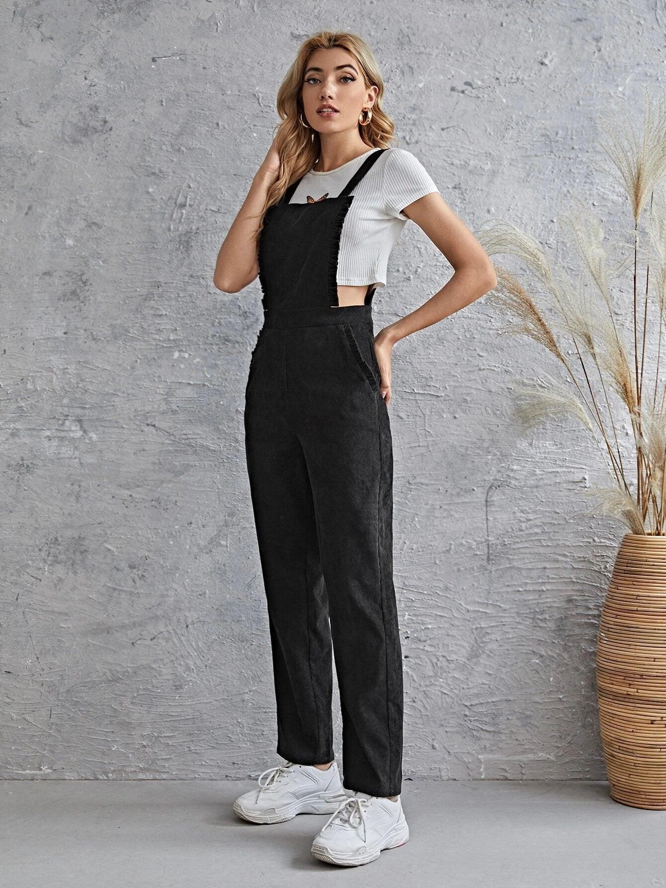 Sleeveless Pocket Front Cord Overalls-Comfy Jumpsuits