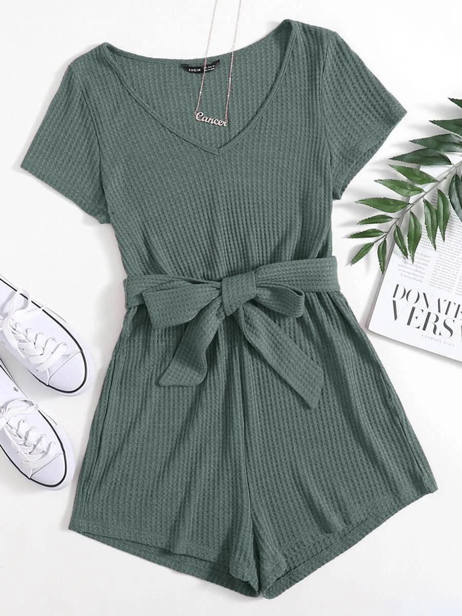 V-neck Self Belted Waffle Knit Romper-Comfy Jumpsuits