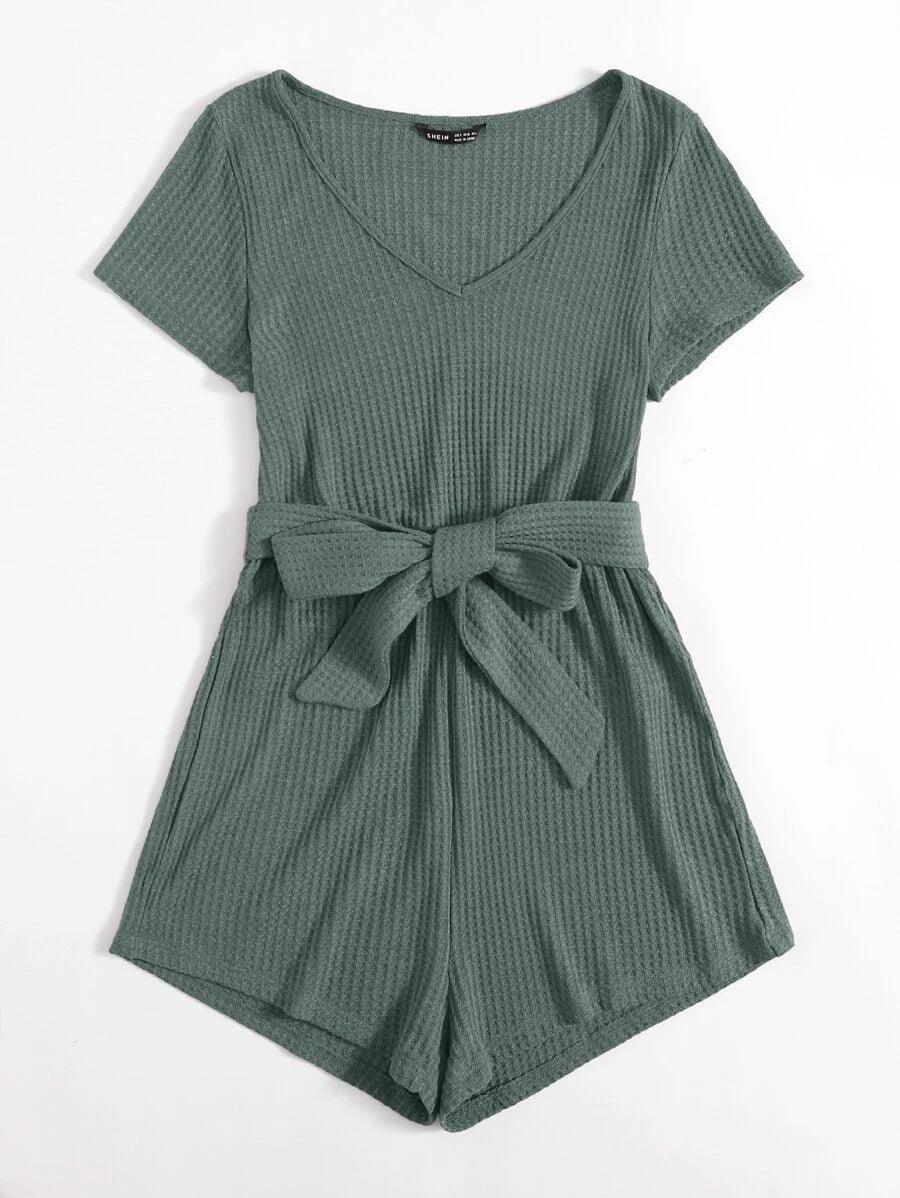 V-neck Self Belted Waffle Knit Romper-Comfy Jumpsuits