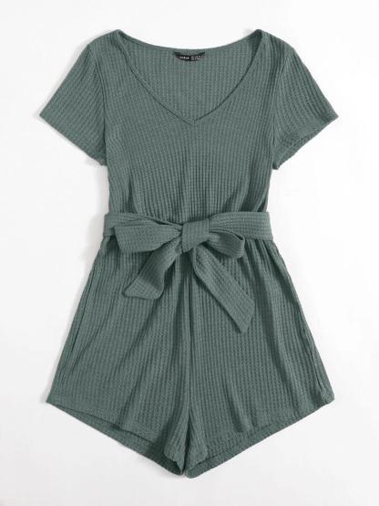 V-neck Self Belted Waffle Knit Romper-Comfy Jumpsuits