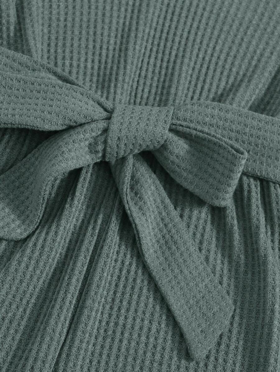 V-neck Self Belted Waffle Knit Romper-Comfy Jumpsuits