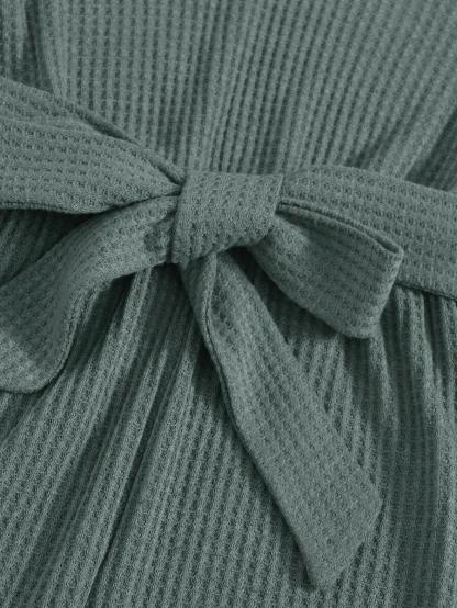 V-neck Self Belted Waffle Knit Romper-Comfy Jumpsuits