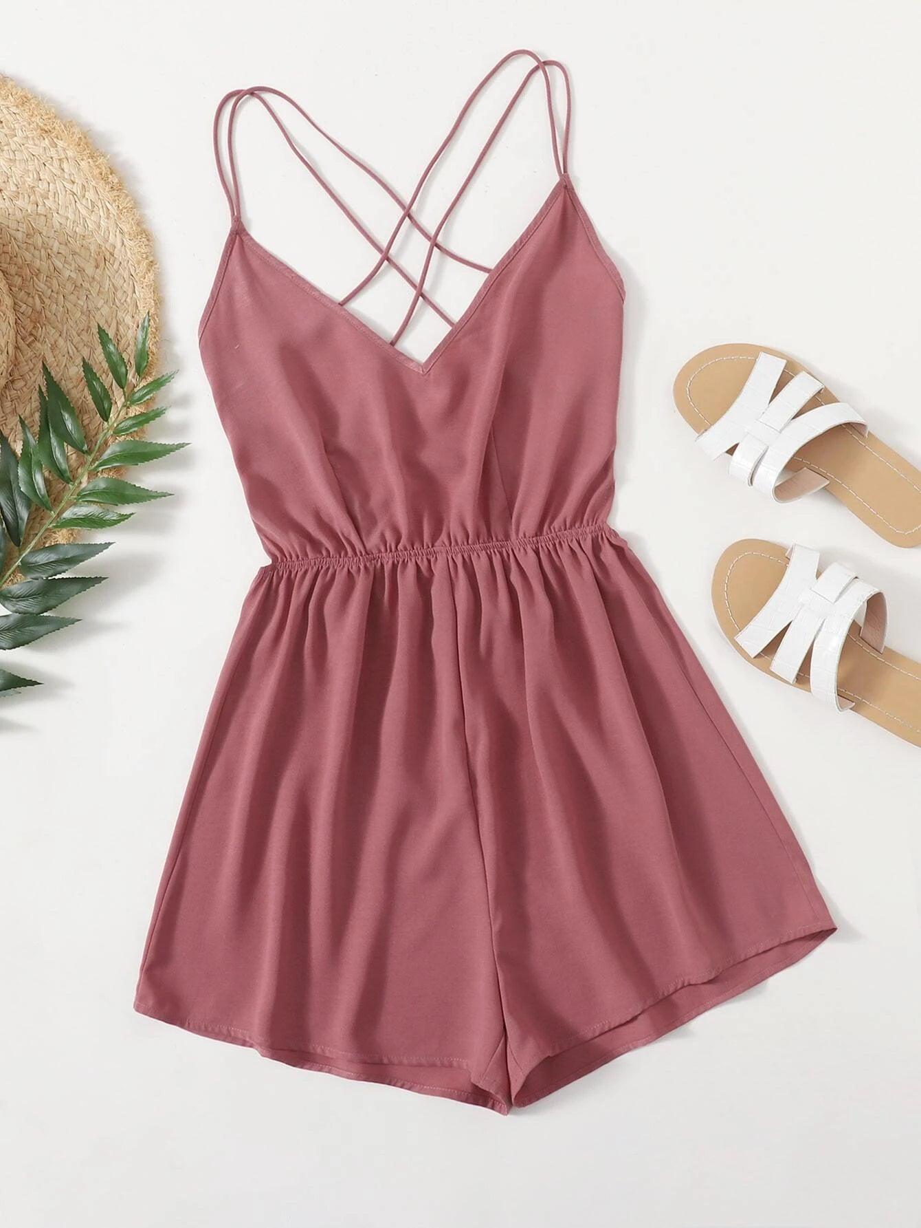 Criss Cross Backless Slip Romper-Comfy Jumpsuits