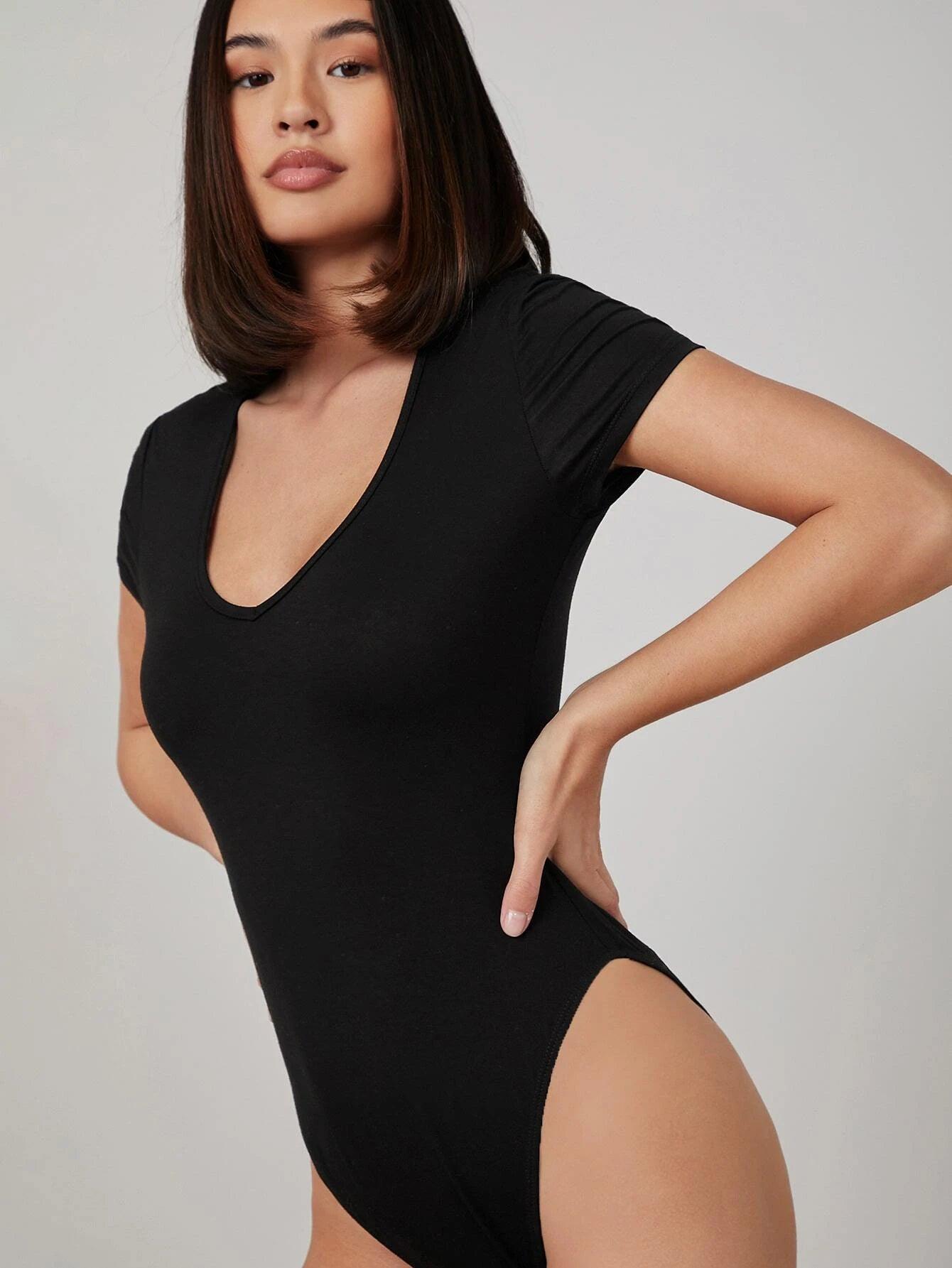 V-Neck Fitted Bodysuit-Comfy Jumpsuits