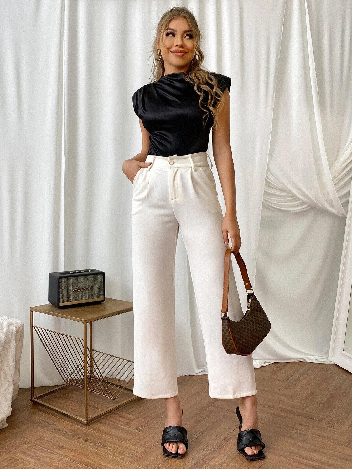 Shoulder Pad Satin Bodysuit-Comfy Jumpsuits