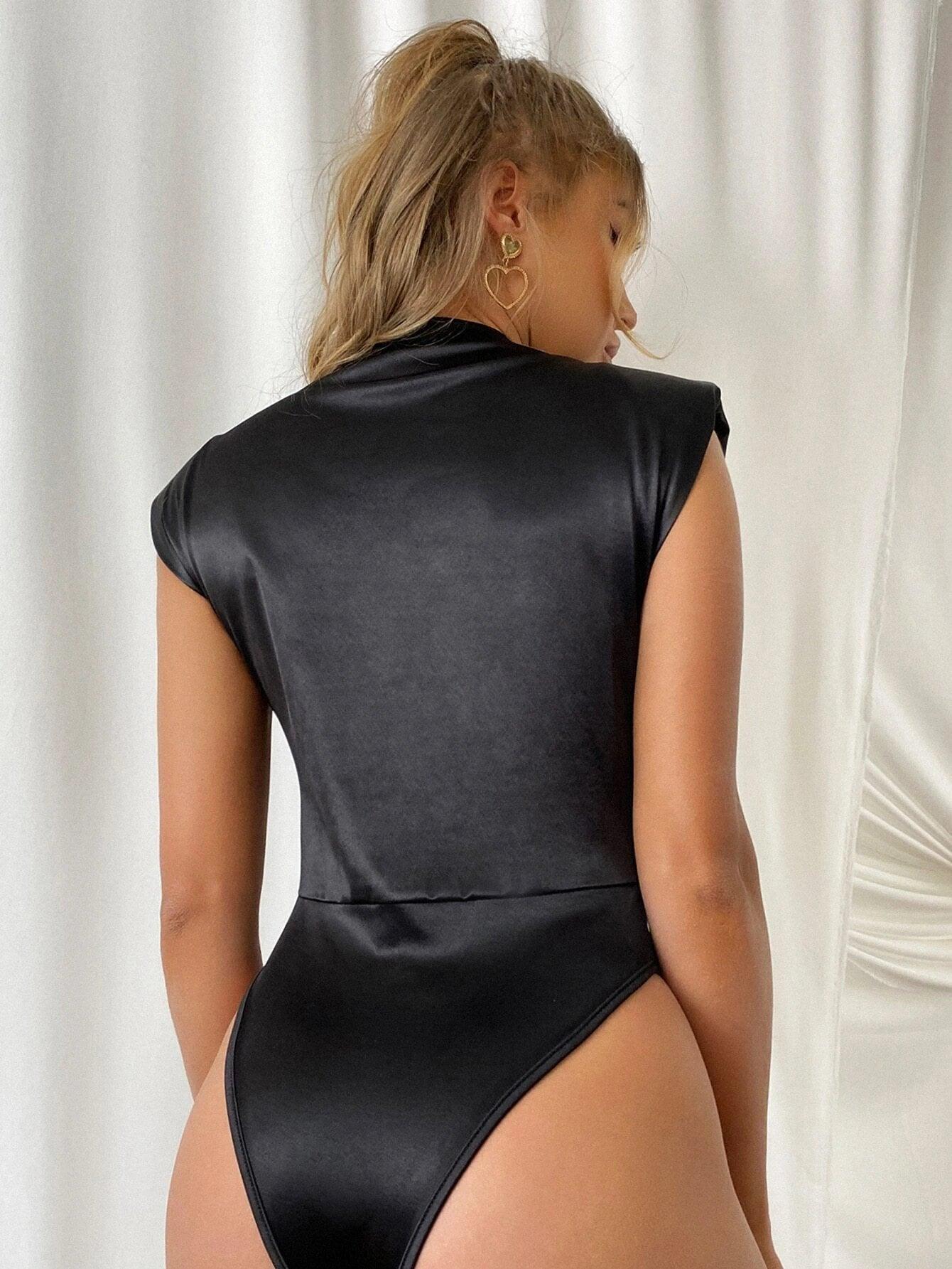 Shoulder Pad Satin Bodysuit-Comfy Jumpsuits
