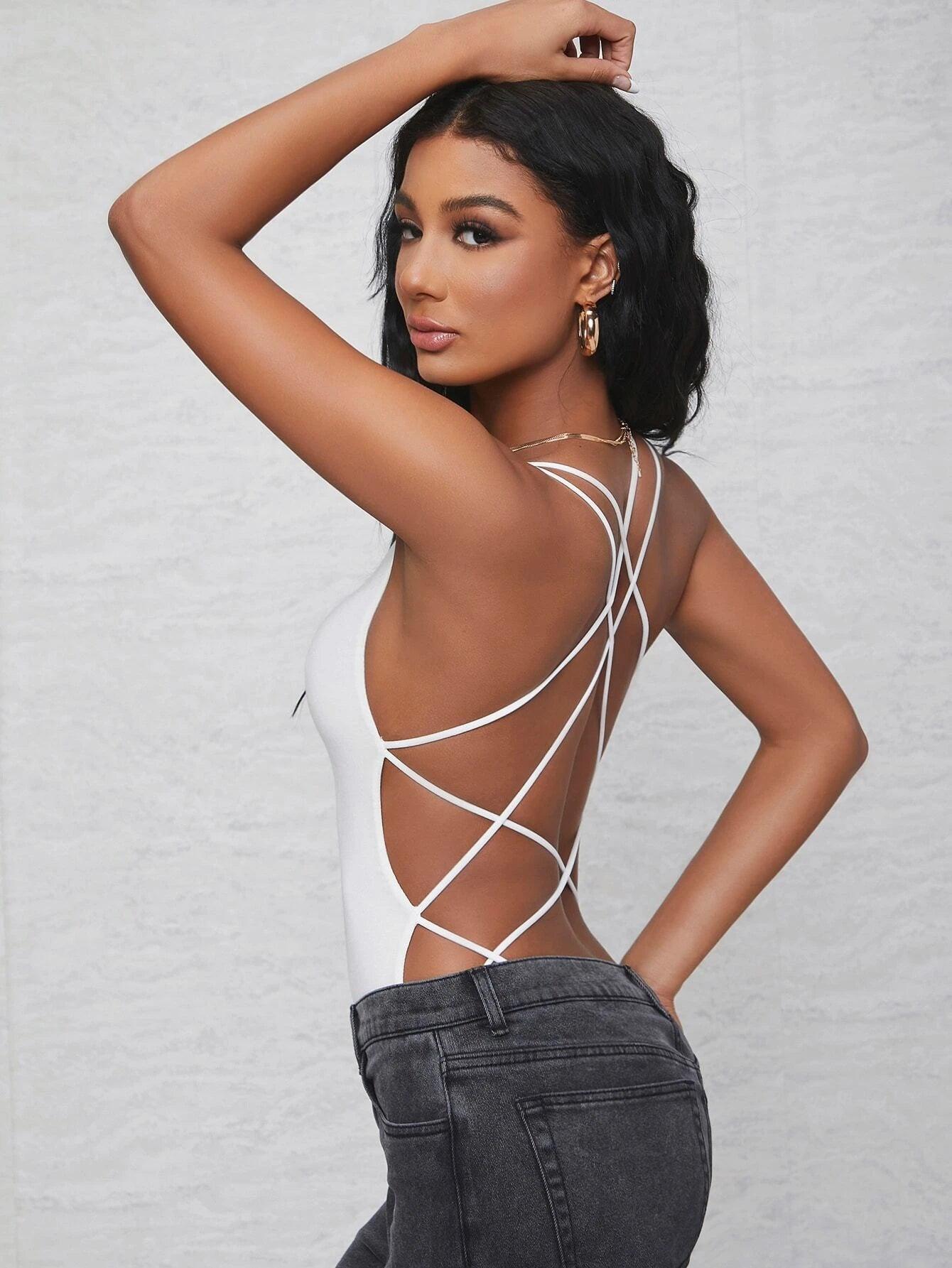 Strappy Open Back Cheeky Bodysuit-Comfy Jumpsuits