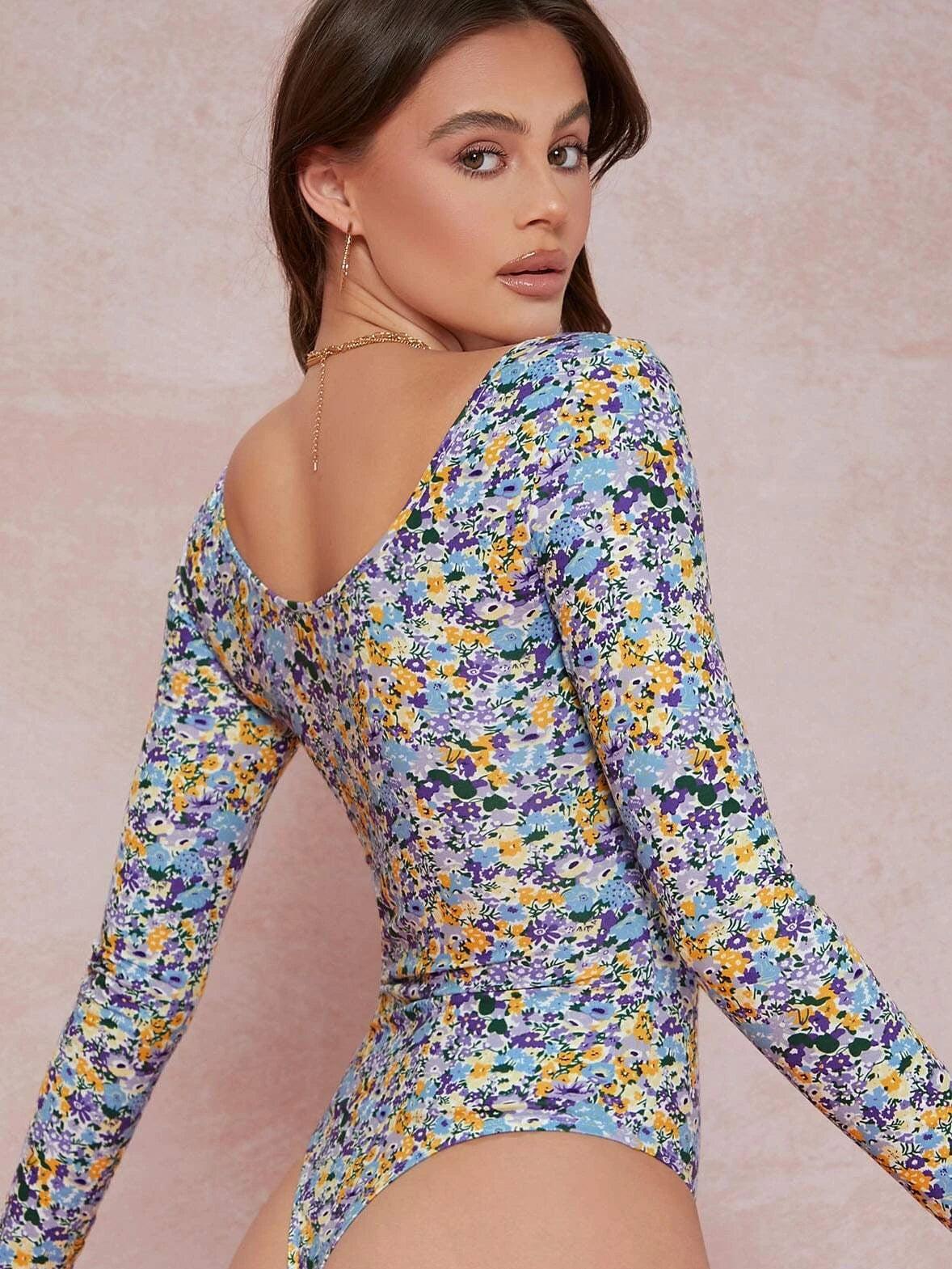 Floral Long Sleeve Thong Bodysuit-Comfy Jumpsuits