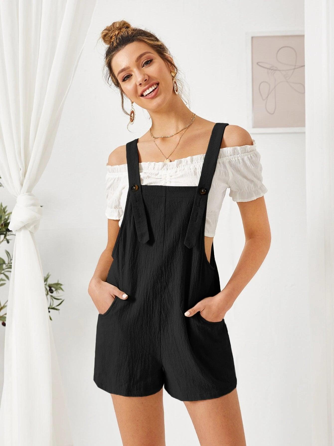 Slant Pocket Solid Overall Romper-Comfy Jumpsuits