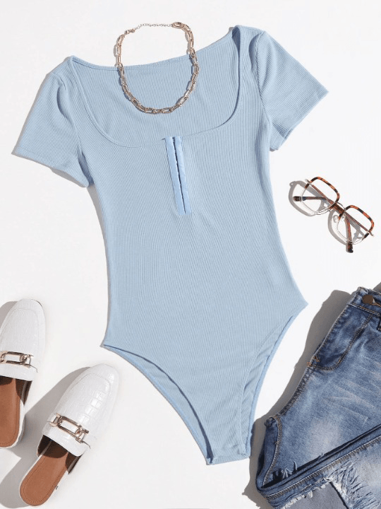 Scoop Neck Half Hook and Eye Placket Solid Bodysuit-Comfy Jumpsuits