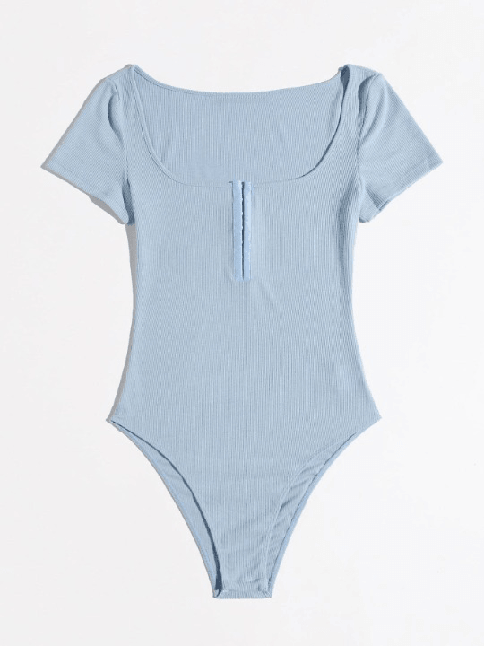 Scoop Neck Half Hook and Eye Placket Solid Bodysuit-Comfy Jumpsuits