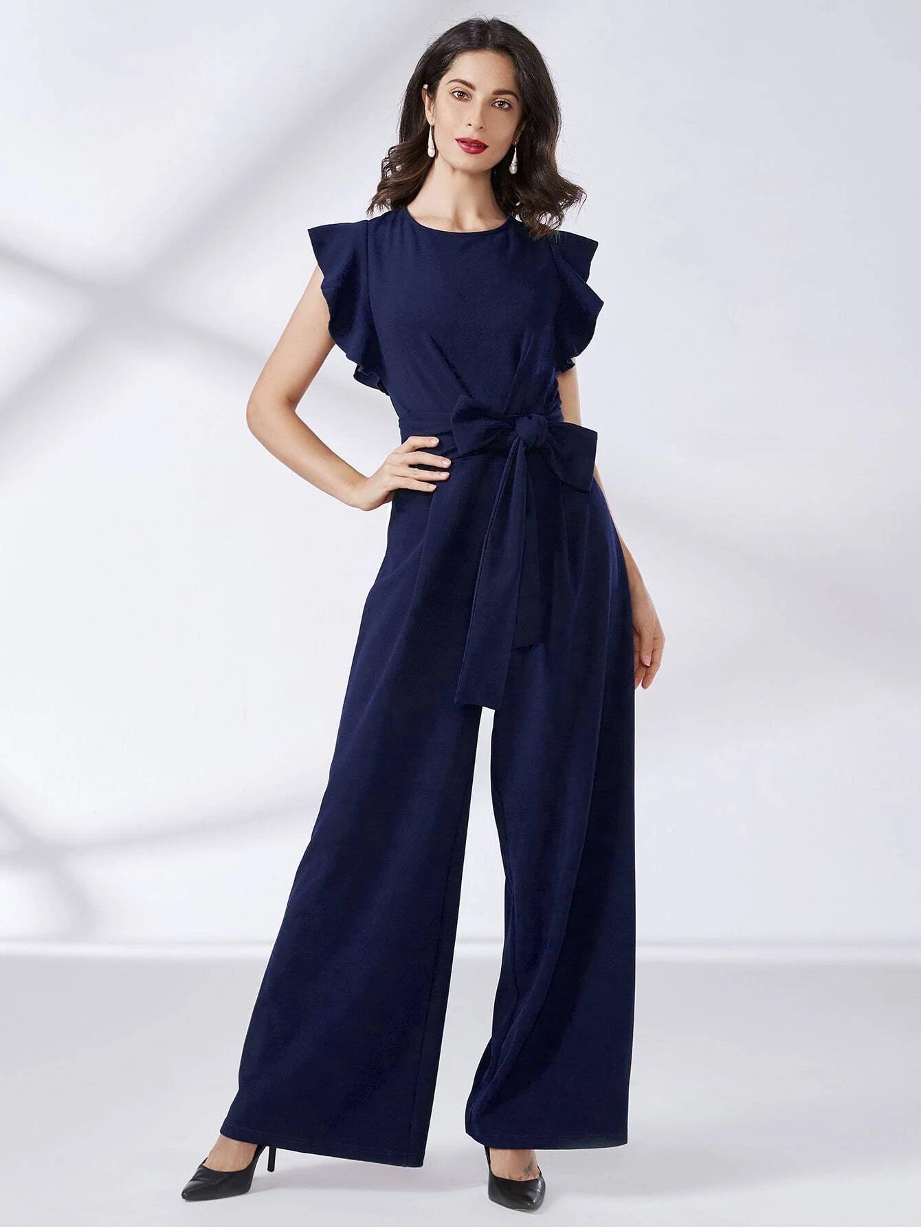 Trim Belted Wide Leg Jumpsuit-Comfy Jumpsuits
