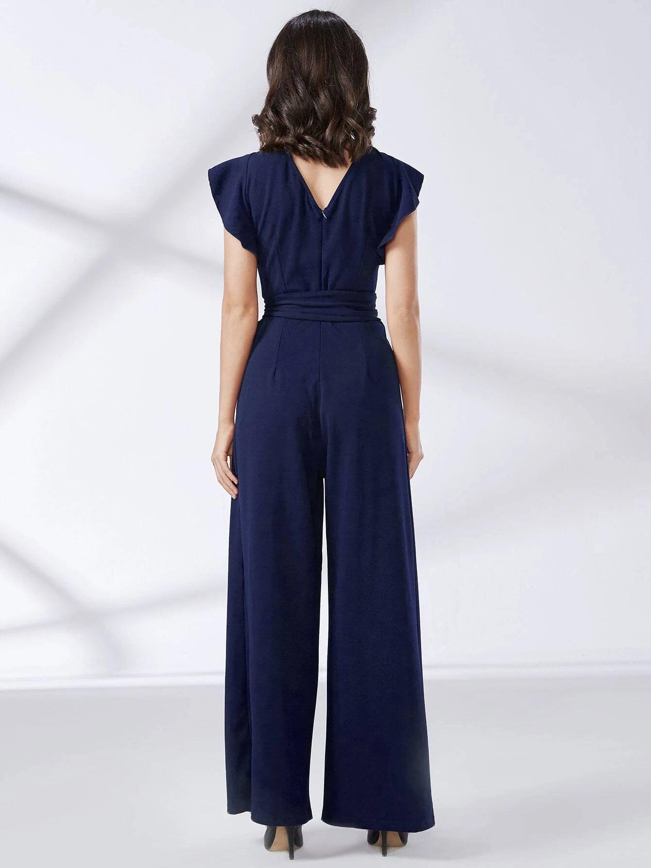 Trim Belted Wide Leg Jumpsuit-Comfy Jumpsuits