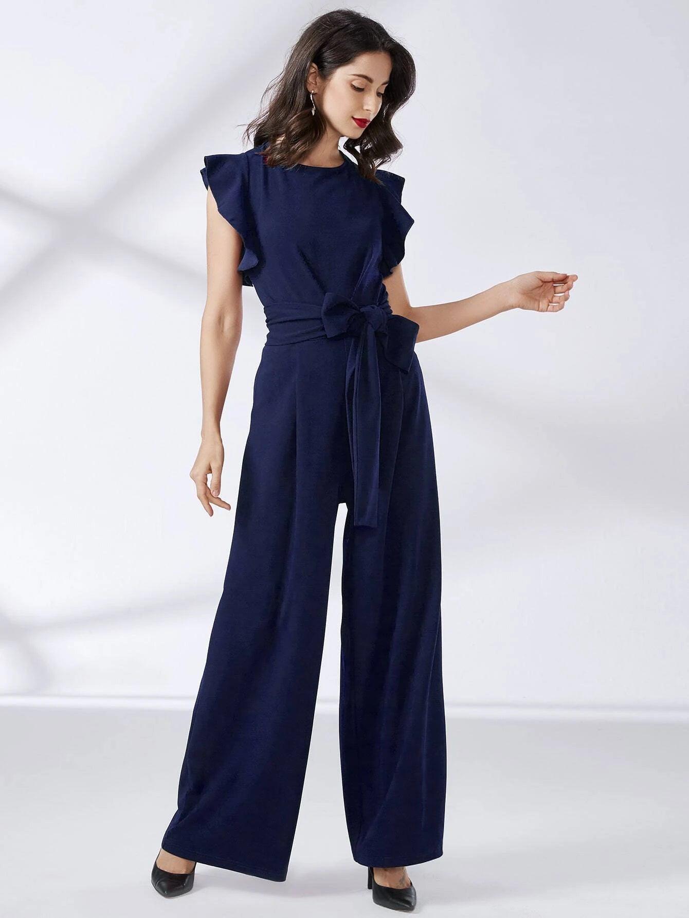 Trim Belted Wide Leg Jumpsuit-Comfy Jumpsuits
