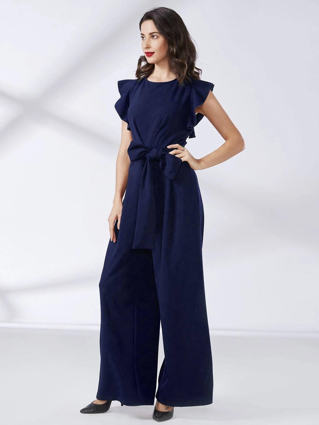 Trim Belted Wide Leg Jumpsuit-Comfy Jumpsuits