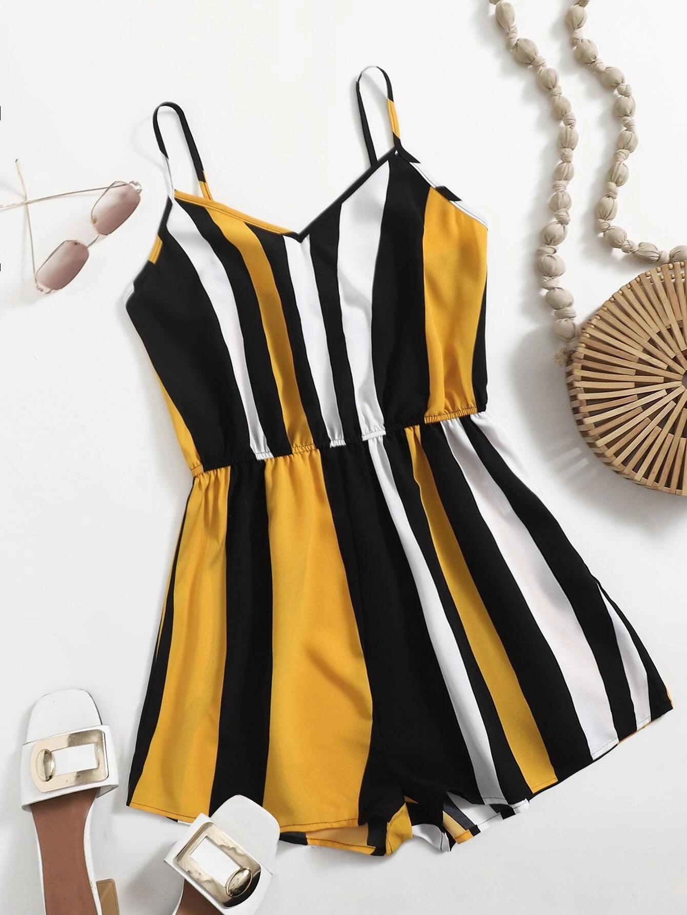 Deep V Neck Striped Cami Romper-Comfy Jumpsuits