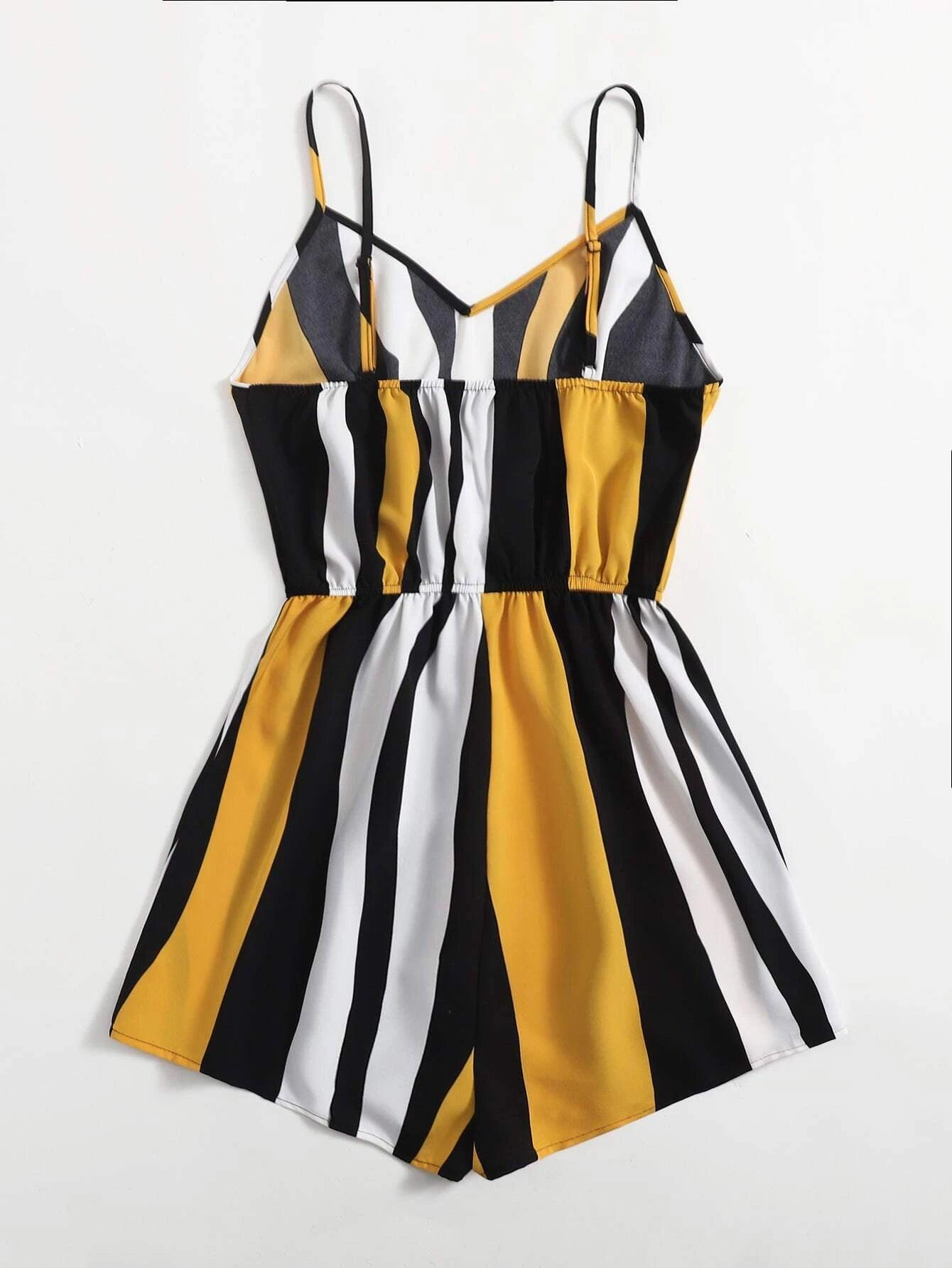 Deep V Neck Striped Cami Romper-Comfy Jumpsuits