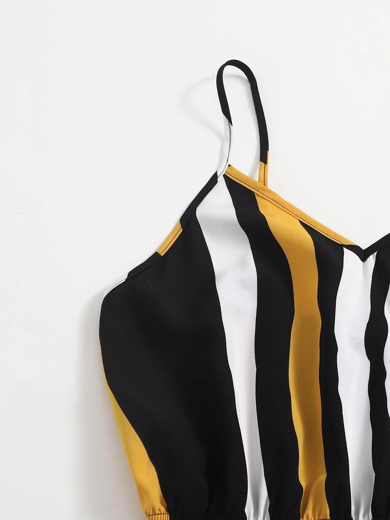 Deep V Neck Striped Cami Romper-Comfy Jumpsuits