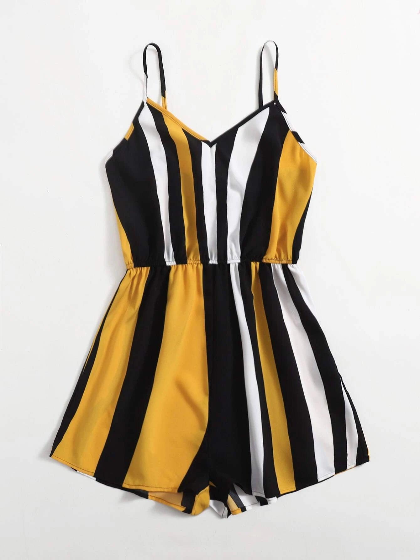 Deep V Neck Striped Cami Romper-Comfy Jumpsuits