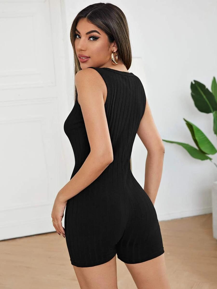 Sleeveless Notched Neck Solid Unitard Romper-Comfy Jumpsuits