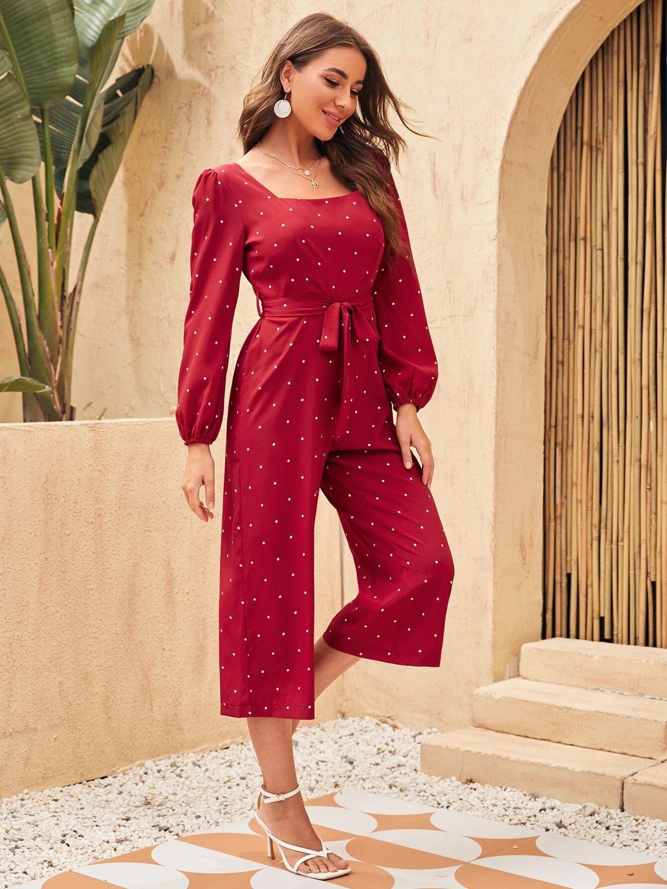 Square Neck Polka Dot Jumpsuit-Comfy Jumpsuits
