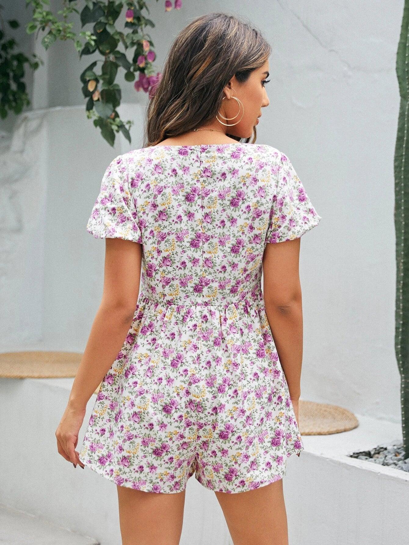 Plunging Neck Puff Sleeve Allover Floral Print Romper-Comfy Jumpsuits