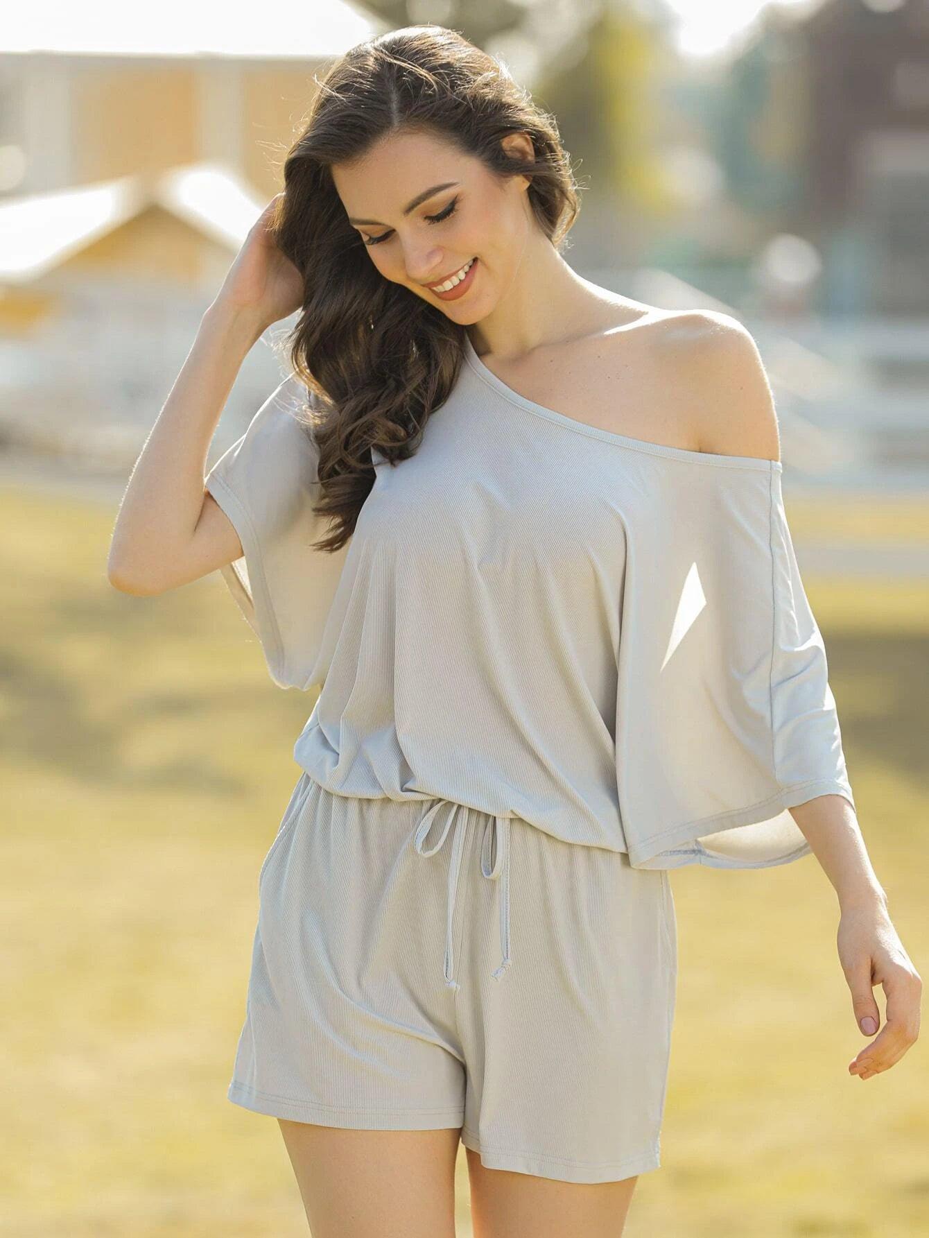 Asymmetrical Neck Knot Detail Romper-Comfy Jumpsuits