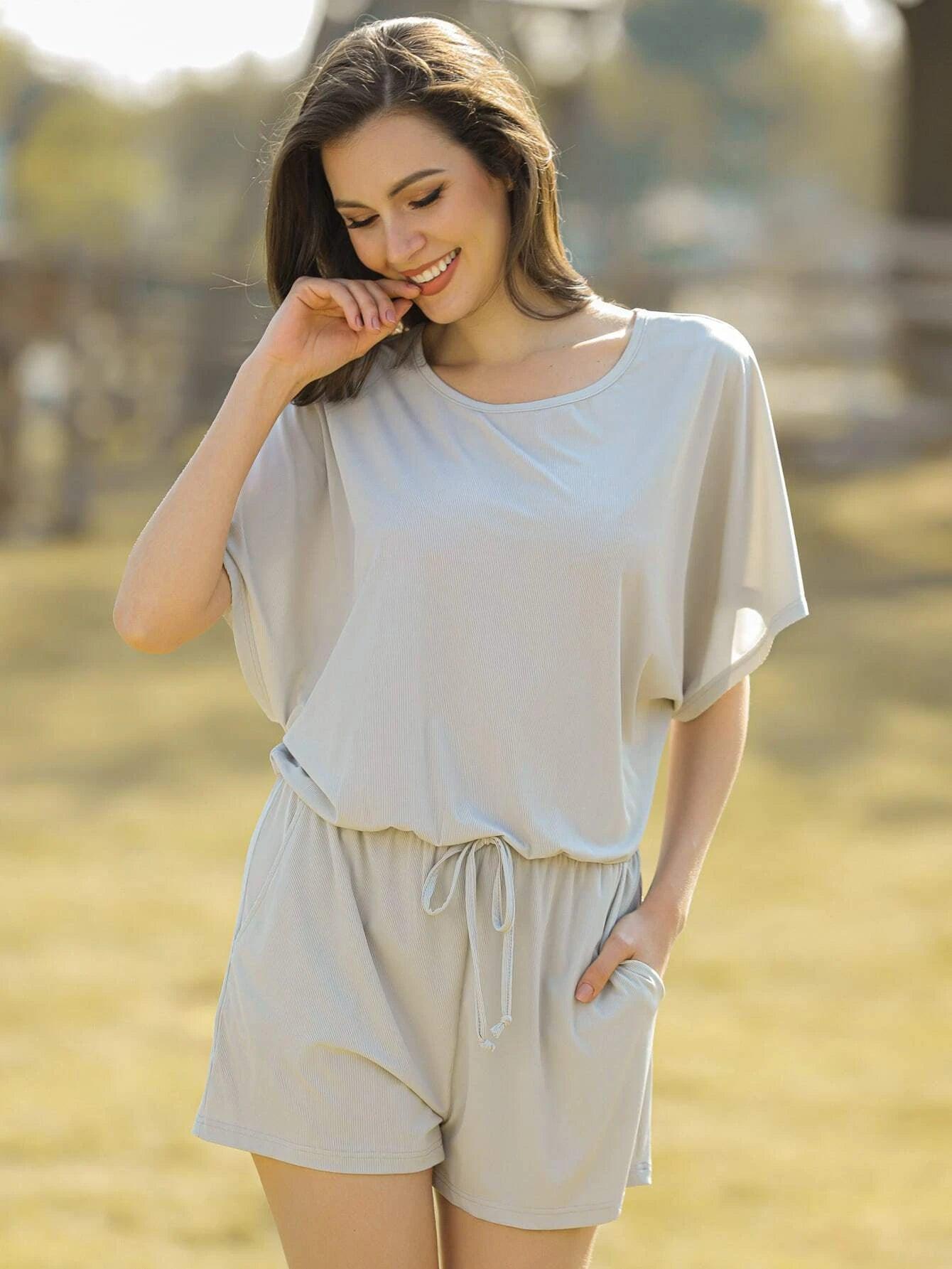 Asymmetrical Neck Knot Detail Romper-Comfy Jumpsuits