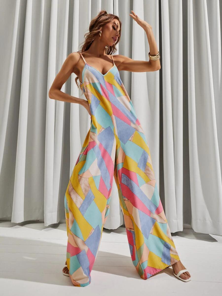 Backless All Over Print Wide Leg Cami Jumpsuit-Comfy Jumpsuits