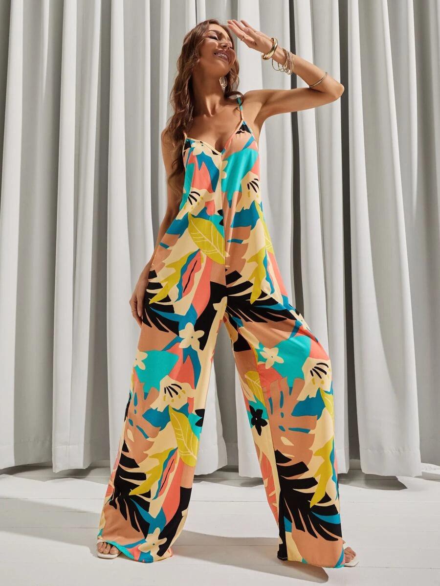 Backless All Over Print Wide Leg Cami Jumpsuit-Comfy Jumpsuits