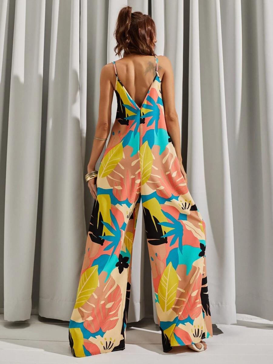 Backless All Over Print Wide Leg Cami Jumpsuit-Comfy Jumpsuits