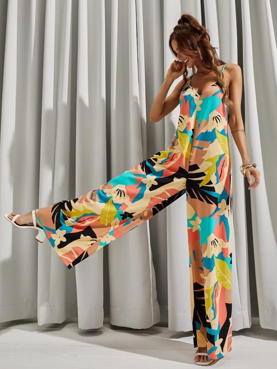 Backless All Over Print Wide Leg Cami Jumpsuit-Comfy Jumpsuits