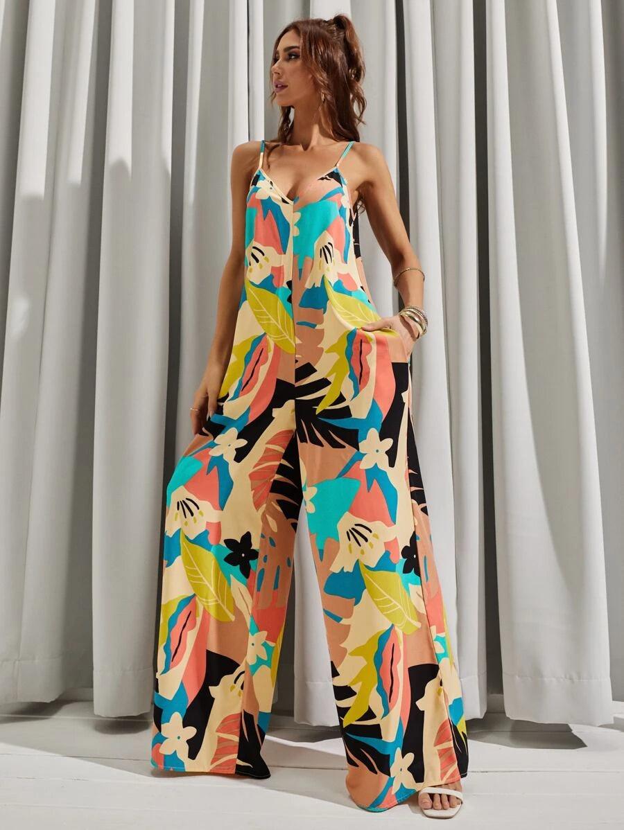 Backless All Over Print Wide Leg Cami Jumpsuit-Comfy Jumpsuits