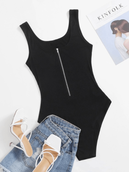 Zipper Front Rib-knit Tank Bodysuit-Comfy Jumpsuits