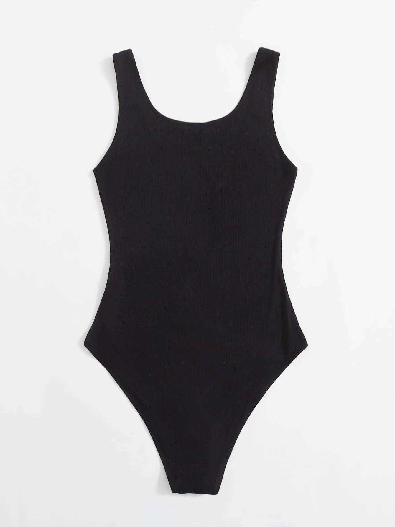 Zipper Front Rib-knit Tank Bodysuit-Comfy Jumpsuits