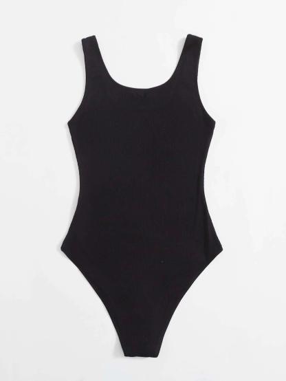 Zipper Front Rib-knit Tank Bodysuit-Comfy Jumpsuits
