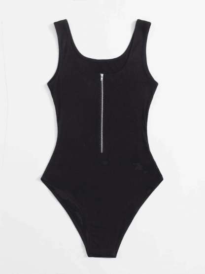 Zipper Front Rib-knit Tank Bodysuit-Comfy Jumpsuits
