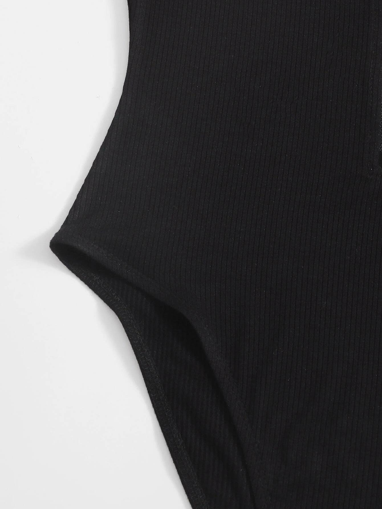 Zipper Front Rib-knit Tank Bodysuit-Comfy Jumpsuits