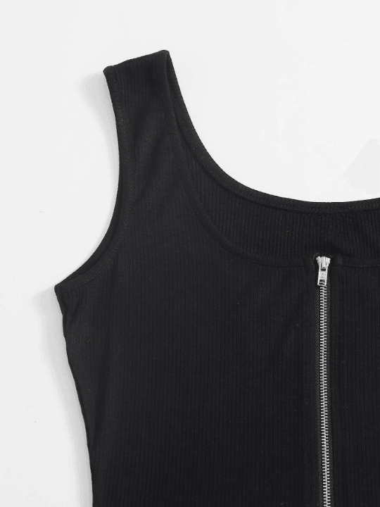 Zipper Front Rib-knit Tank Bodysuit-Comfy Jumpsuits