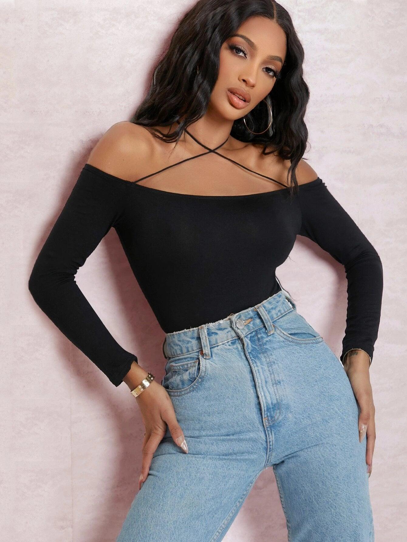 Off-the-Shoulder Strappy Self-Tie Choker Bodysuit-Comfy Jumpsuits